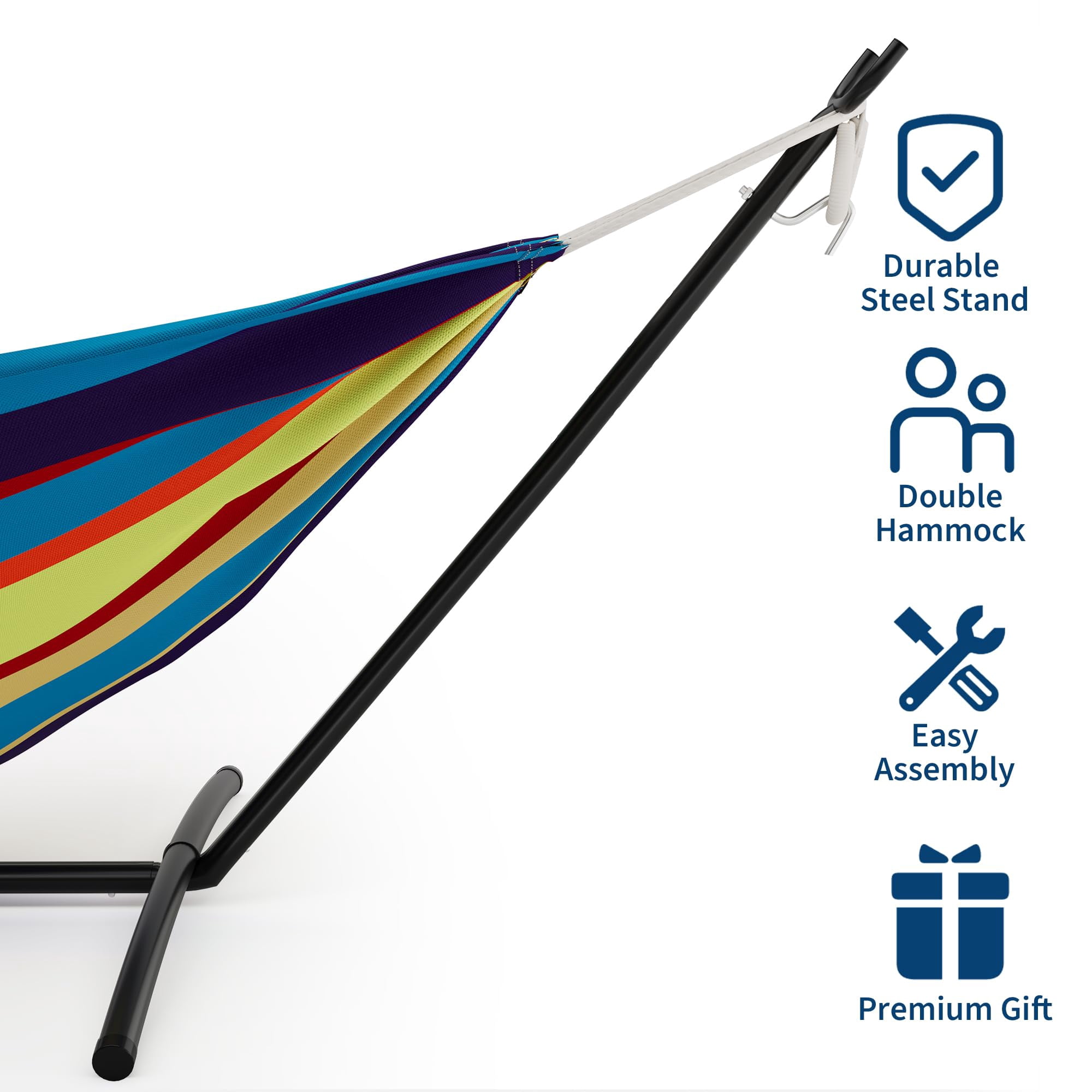Double Hammock with Stand - Heavy Duty 450lbs Capacity, Portable Cotton Hammock for 2 Adults, Indoor & Outdoor Use with Travel Bag, Quick Assembly, Tropical Stripe Pattern