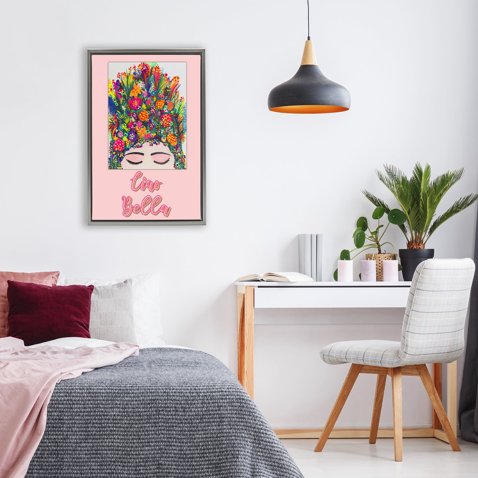 Stupell Industries Ciao Bella Floral Woman Gray Framed Floater Canvas Wall Art, design by Pooja Dave
