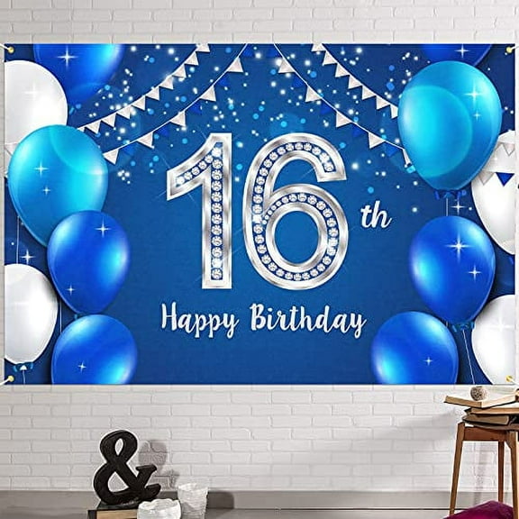 HAMIGAR 6x4ft Happy 16th Birthday Banner Backdrop - 16 Years Old Birthday Decorations Party Supplies for Girls Boys - Blue Silver