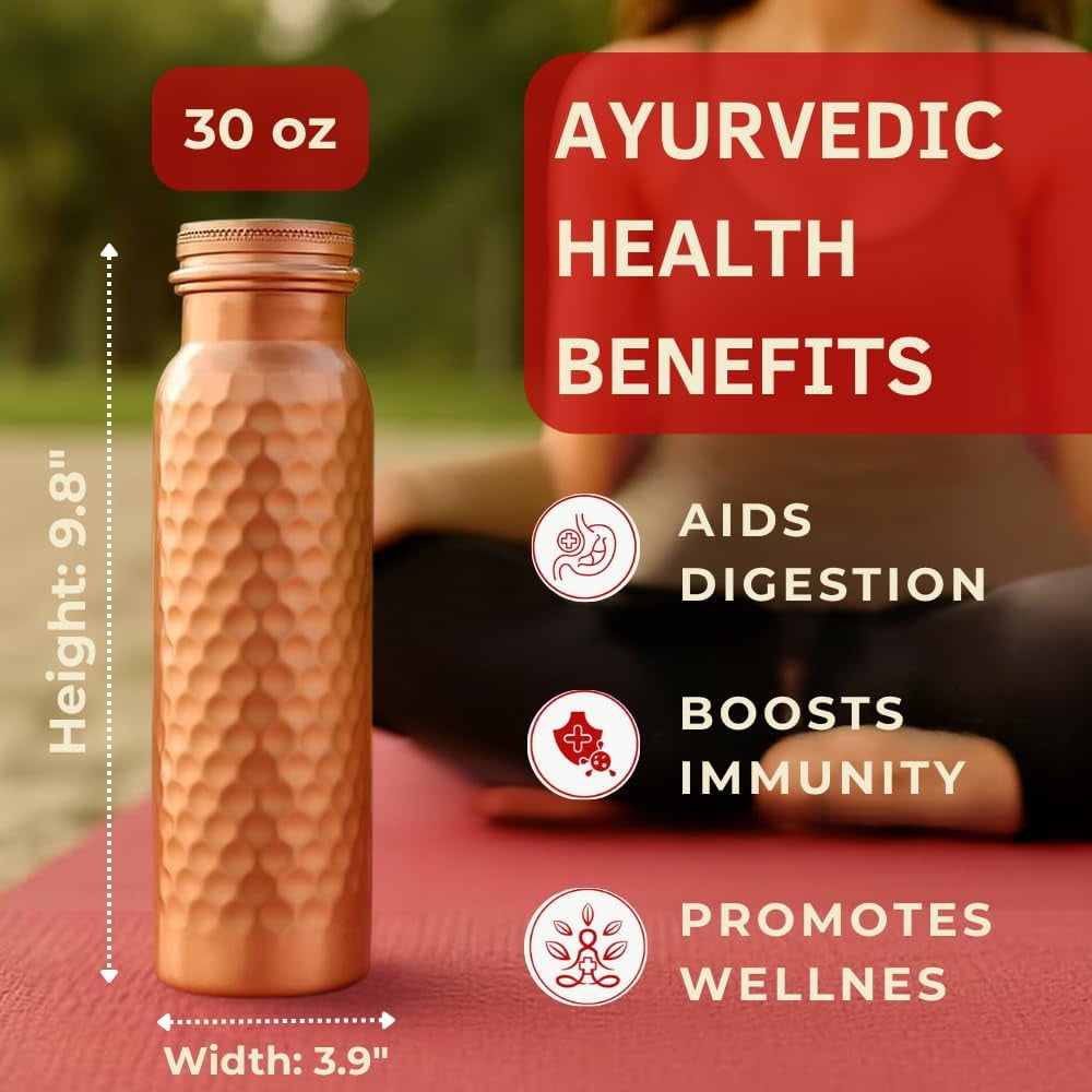 Store Indya 30 oz Copper Water Bottle with Handcrafted, Leak-Proof Lid