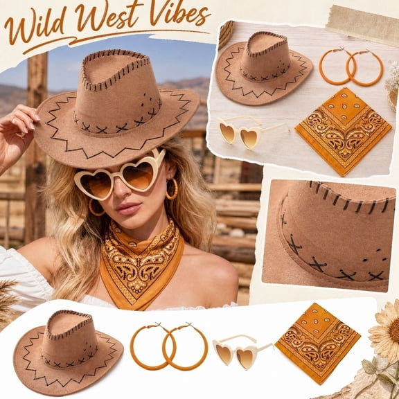 4Pcs Western Cowboy Hat & Paisley Bandana Accessory Set Lightweight Farmer Style Hat for Men Women Carnival Halloween Cosplay Fancy Dress Party Brown One Size