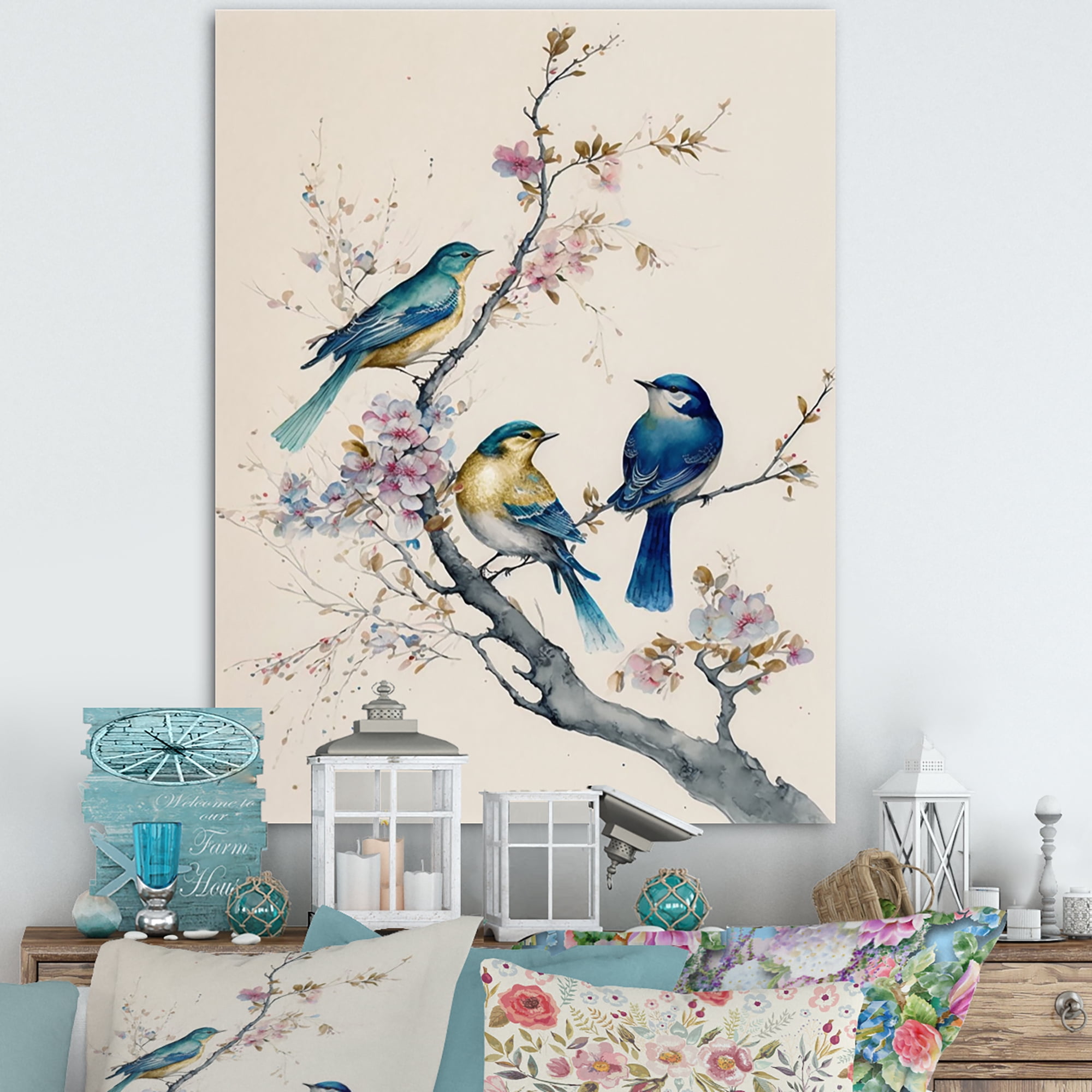 Designart Multicolor Birds On Plum Blossoms Tree V Canvas Wall Art