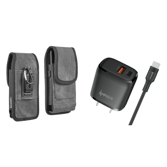 Holster and Wall Charger Bundle for Samsung Galaxy A13 4G: Vertical Rugged Denim Nylon Belt Pouch Case (Black) and 38W Dual Port (Power Delivery PD Type-C and USB-A) Power Adapter
