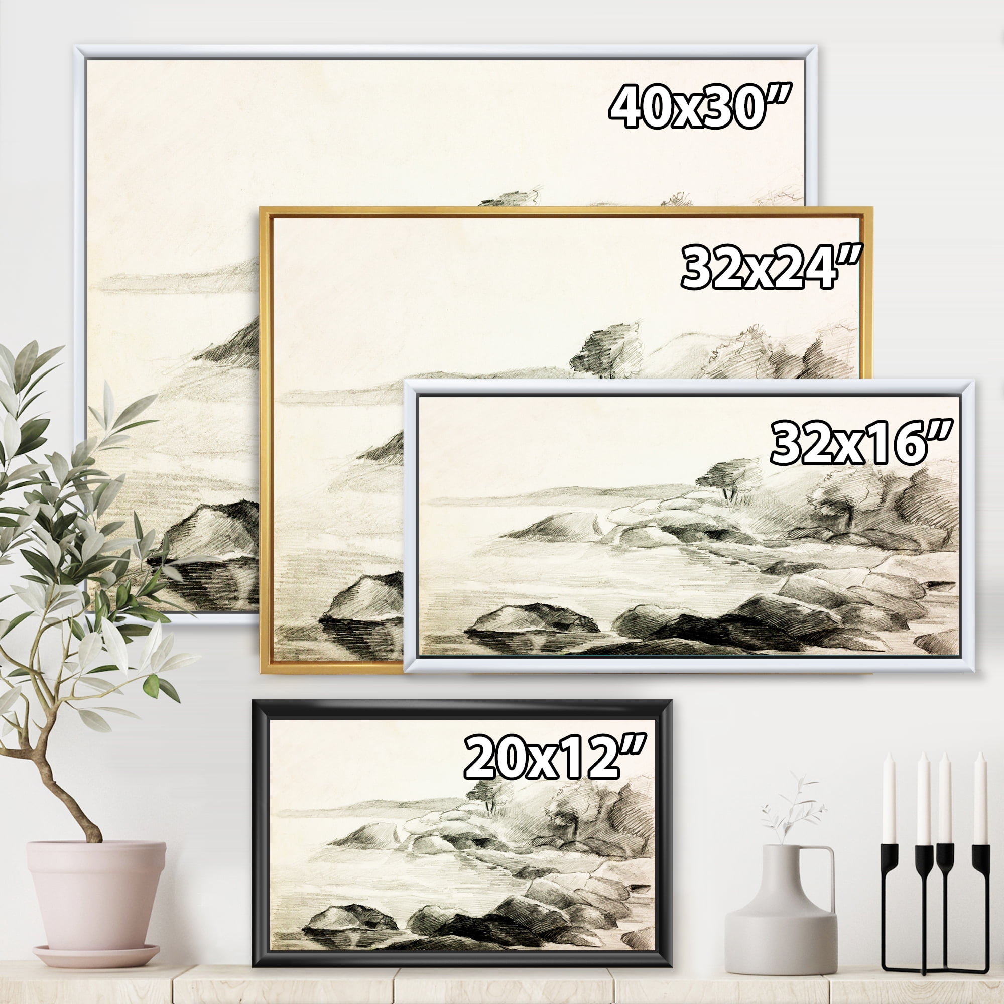 Designart 'Black and White Lake Shore' Nautical & Coastal Framed Canvas Wall Art Print
