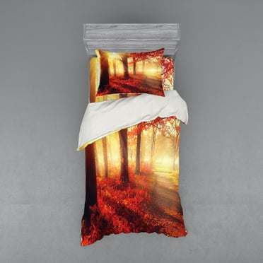 Woodland Duvet Cover Set, Sun Beams Through Misty Old Forest in Fall Season Morning View Dreamy Picture, Bedding Set with Shams and Fitted Sheet, 3 Sizes, by Ambesonne