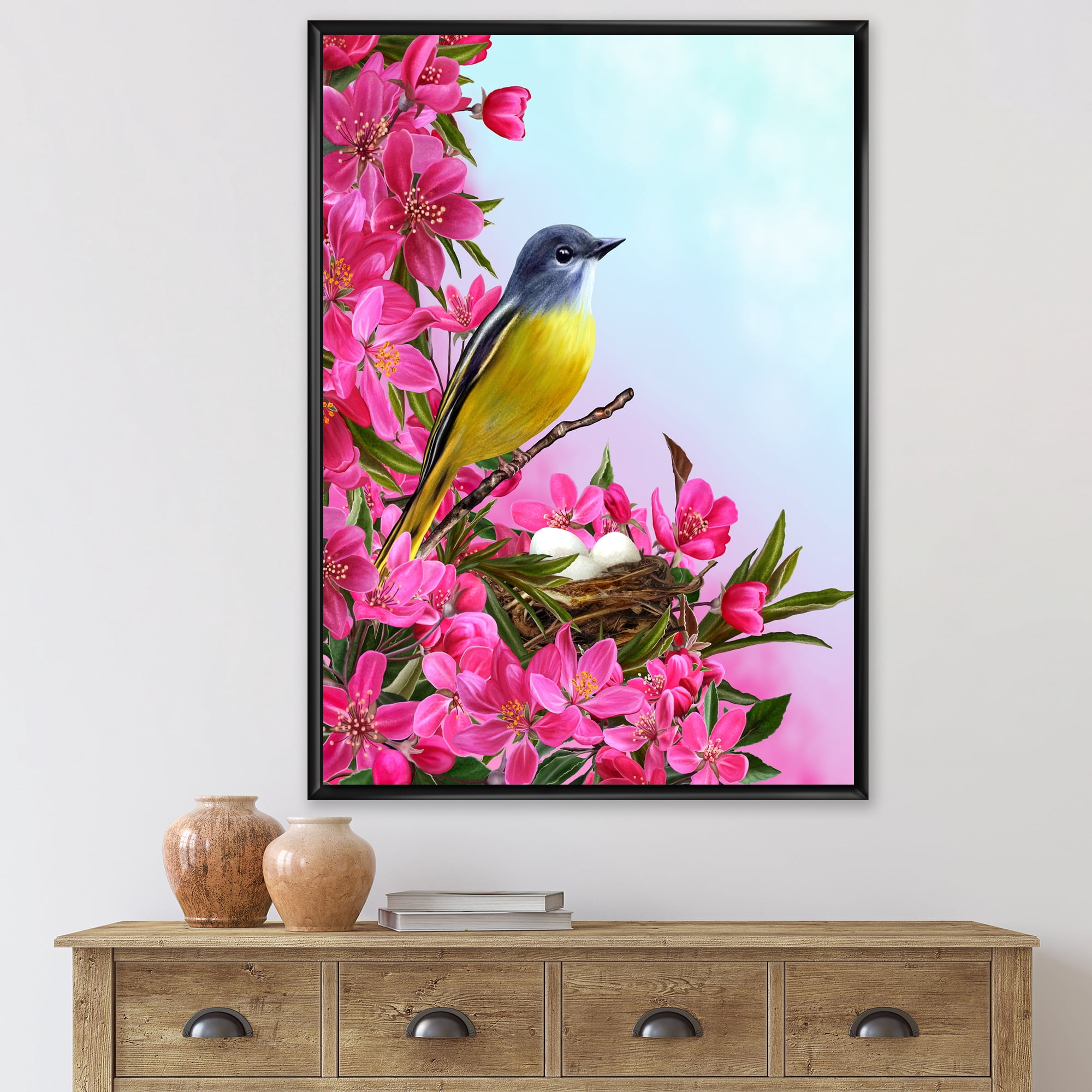 Designart 'Little Yellow Bird Near The Nest with Pink Flowers' Traditional Framed Canvas Wall Art Print