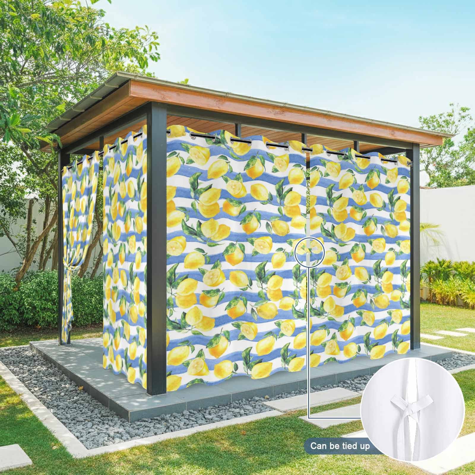 Summer Fruits Outdoor Curtains for Patio, Watercolor Yellow Lemon Blue Stripes Farmhouse Sunshade Privacy Drapes Grommet Waterproof Outside Curtains for Porch/Cabana/Balcony 54"x 108", 1 Panel