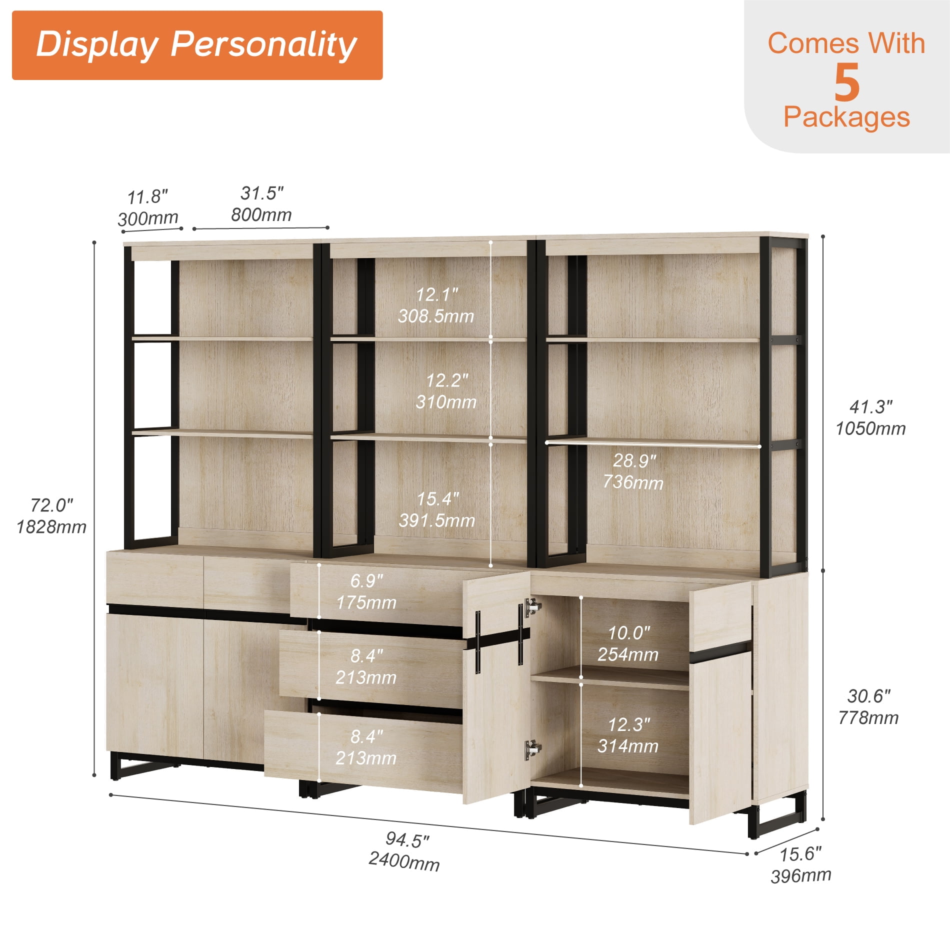 WAMPAT 3-Piece Modern 72" Tall Library Bookcase with 3 Drawers&Open Shelving,Freestanding Wood Bookshelf with Storage Cabinet&Adjustable Shelves for Home Office & Living Room, Beige