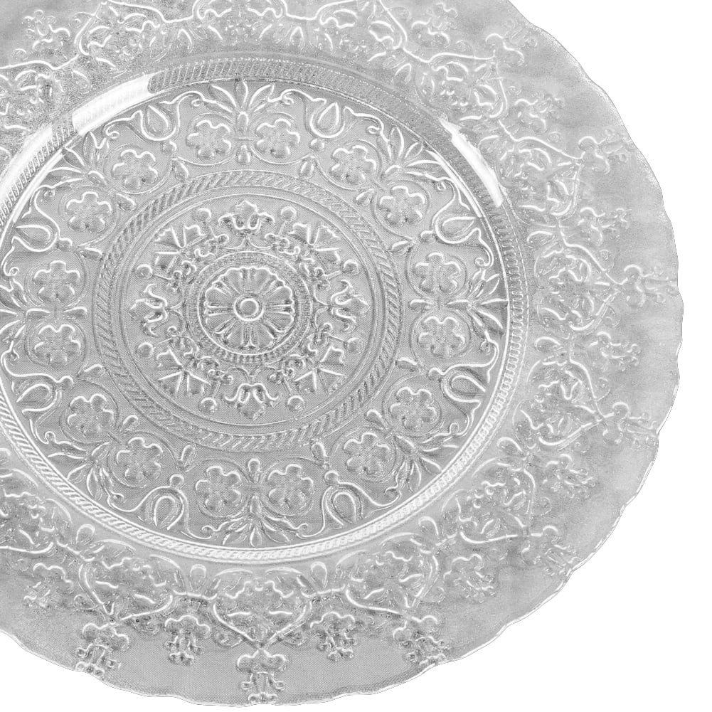 Koyal Wholesale Bulk Bloom Clear Glass Embossed Charger Plates, Set of