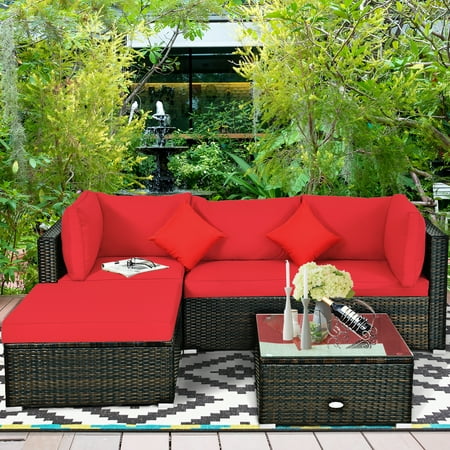 Gymax 5pcs Rattan Sectional Sofa Set Patio Furniture W Red Cushion Pillow Canada - Patio Furniture Pillow Sets