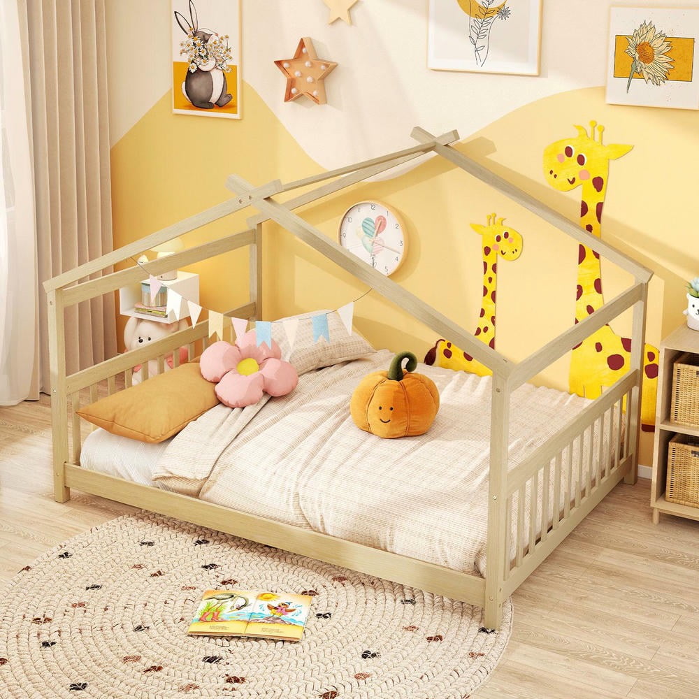 Barara King Full Size House Bedroom Bed Frame with Headboard, Montessori Floor Bed Platform Frame for Apartment, Bedroom, Natural