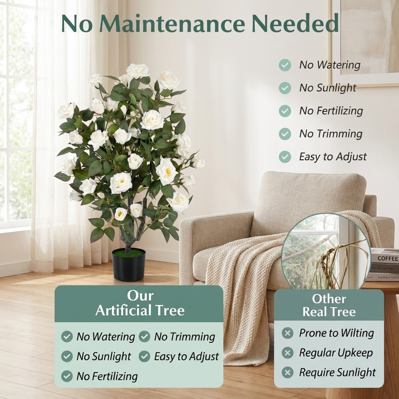 Vebreda Artificial Plant Decor, Set of 2 Artificial Rose Tree with Blooming Flowers and Green Leaves for Indoor, Beautiful & Lifelike Rose Tree