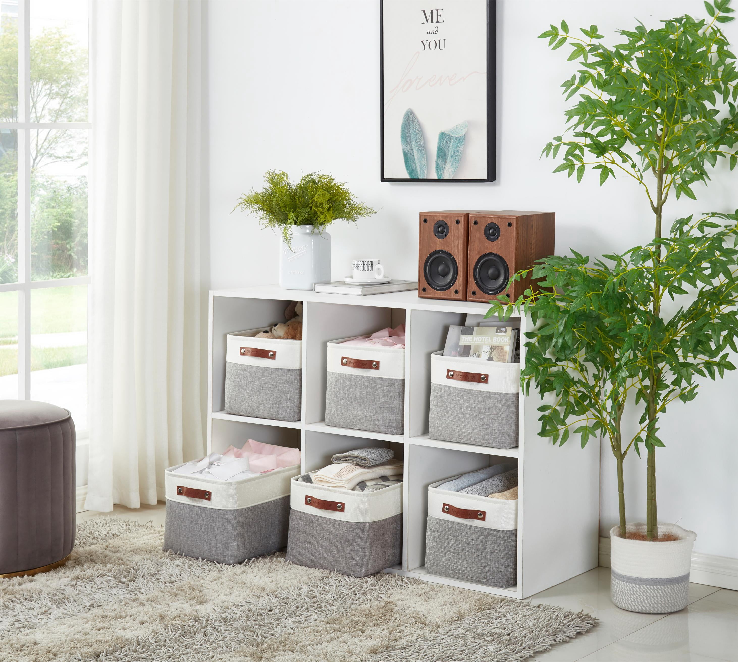 DECOMOMO Large Decorative Durable Fabric Storage Baskets and Bins, Grey and White, Set of 3