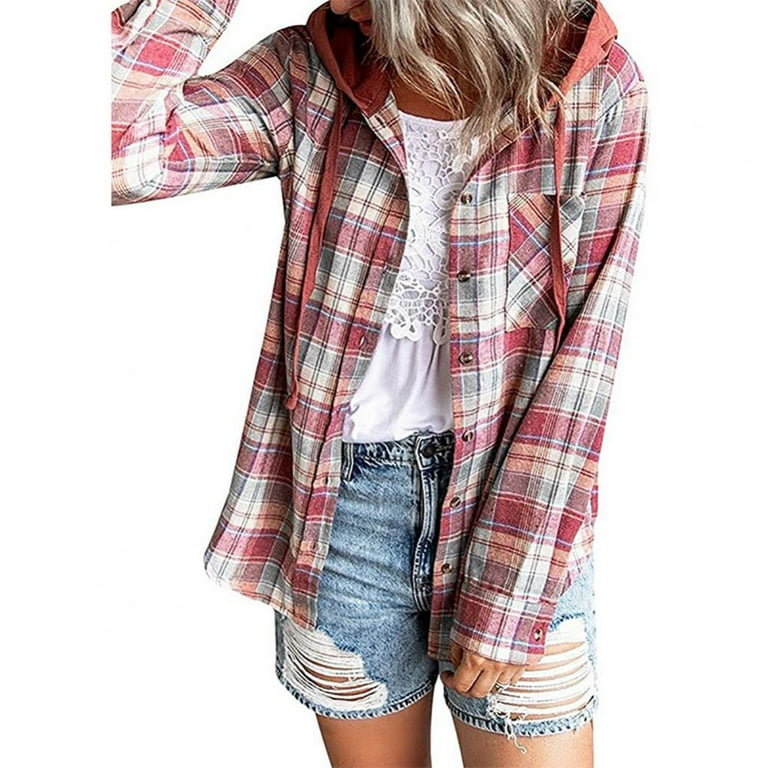 Hooded Shirt - Red/plaid - Ladies