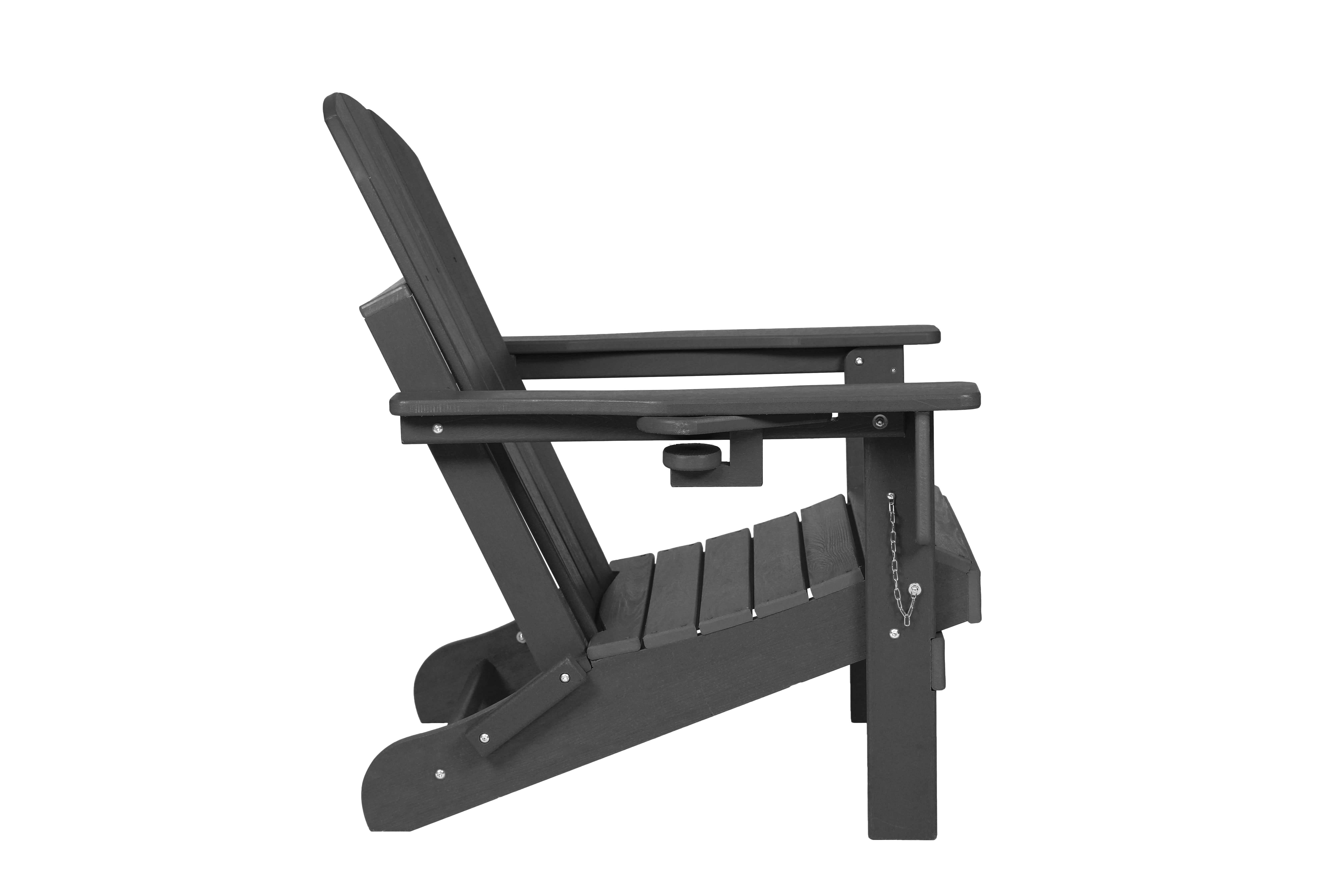 Gray HDPE Folding Adirondack Chair with Dual Cup Holders, Wood‑Textured Weather‑Resistant Composite Outdoor Patio Lounge Chair