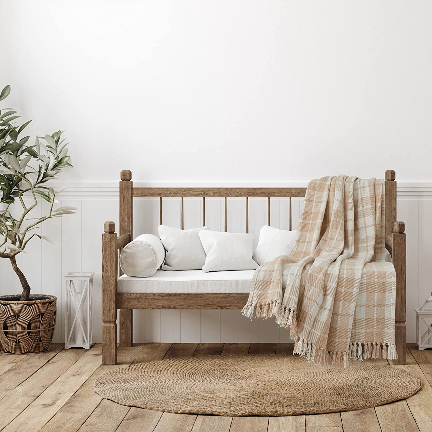 Americanflat 50x60 Throw Blanket, 100% Cotton with Fringe, Ecru Camel Plaid, all seasons blanket