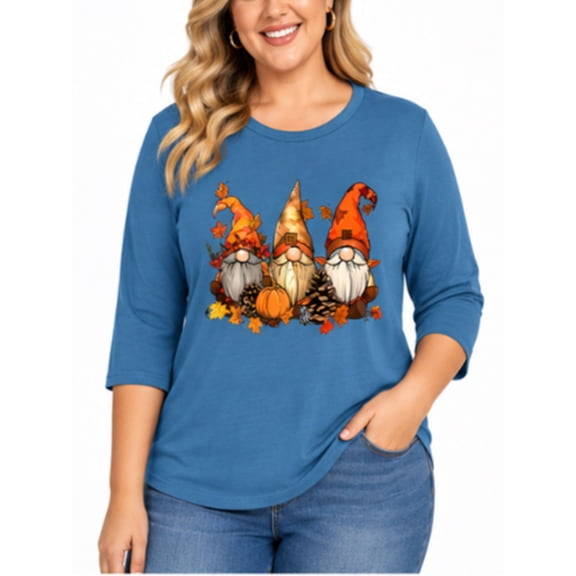 APEXFWDT Women's Plus Size Thanksgiving T-Shirt 3/4 Sleeve Cute Gnome Print Casual Tee Festive Loungewear,XXXXL,Blue