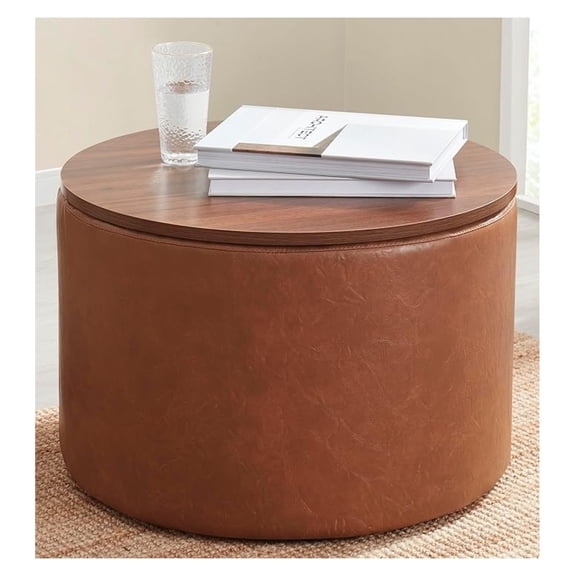 22 inch Large Round Ottoman Coffee Table Storage Ottoman with Wooden Lift Off Lid, Ottoman with Storage for Living Room, Bedroom and Office, Faux Leather Mocha