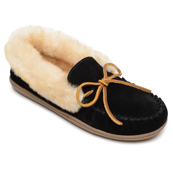 Minnetonka Women's Alpine Sheepskin Moccasin Slippers, Black, 9 M US