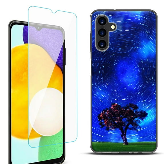 Slim-Fit Protective Fashion Phone Case (Black) for Samsung Galaxy A13 5G, with Tempered Glass Screen Protector, by OneToughShield ® - Star Trails Tree