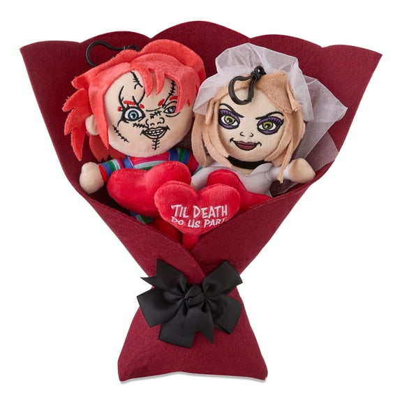 Valentine 13.5" Plush Bouquet - ' Til Death Do Us Part ' Horror Theme Plush Toys, Red Wrapped with Black Bow, Perfect for Halloween Fans & Edgy Occasion Gifting