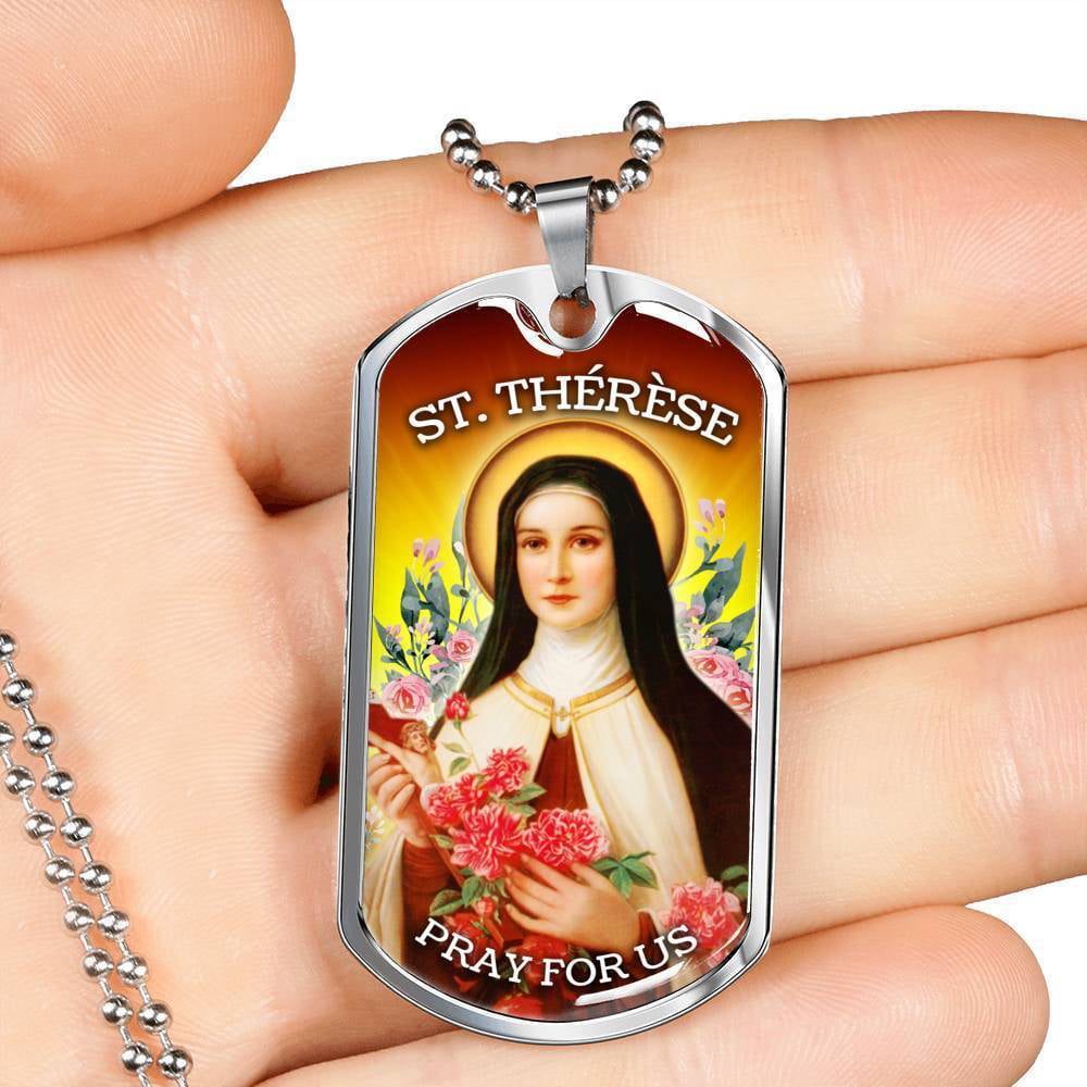 Therese Catholic Jewelry Necklace Stainless Steel or 18k Gold Dog Tag w 24" St 
