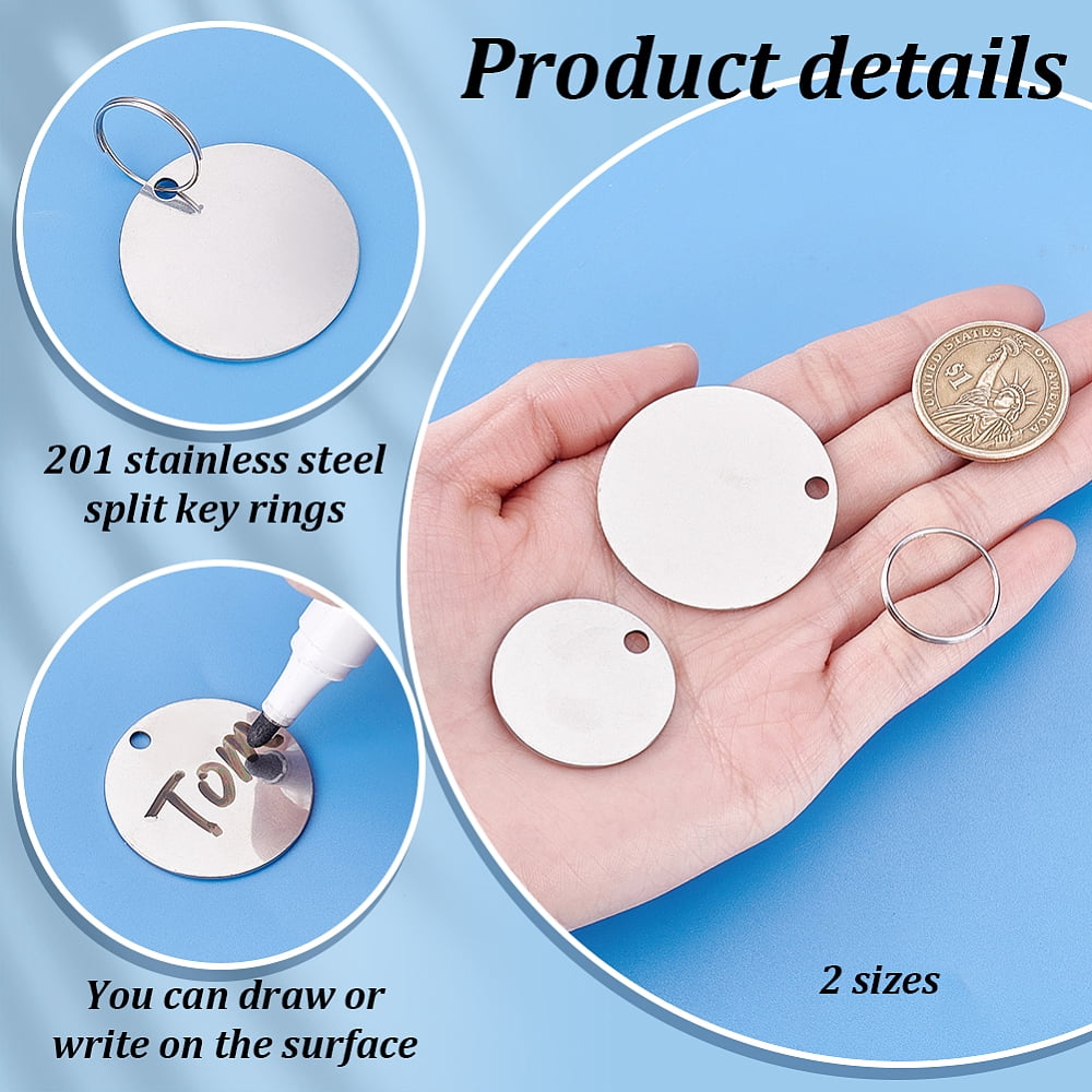 50pcs 2 Sizes Round Stamping Blanks Stainless Steel Blank Tags with Hole Blank Metal Charms with 50pcs Key Rings for Engraving 1.2/1.6 inch