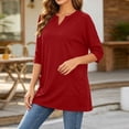 thumbnail image 4 of Women's Plus 3/4 Sleeve Flowy Tunic Tops Notch V Neck Loose Fit Soft Stretch Blouse Side Pockets to Wear with Leggings Fall Clothes, Red, XL, 4 of 8