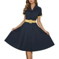 thumbnail image 2 of Letdown Women Notch Lapel Vintage V-Neck Swing Dress 50s 60s Button up 1950s Rockabilly Prom Midi Evening Solid Dress for Spring Fall (Blue, S), 2 of 4