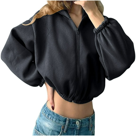 SuDongPo Warm Crop Coat for Women Solid Color Loose Casual Outerwear Ladies Soft Jackets Fall Winter Fashion 2024 Long Sleeve Hooded Neck Plus Size Full Zipper Fleece Short Jacket