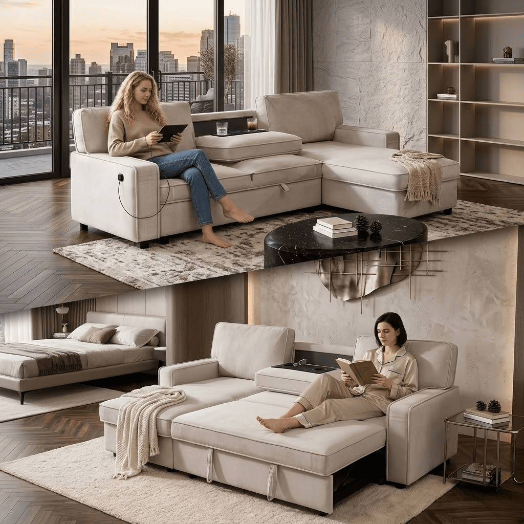 Howcool Sectional Sleeper Sofa,L Shaped Chenille Convertible Sofa Bed 89" 3 Seater with Flip-Down Center Console & USB Charging Ports,Pull Out Couch for Living Room Apartment Office,Beige