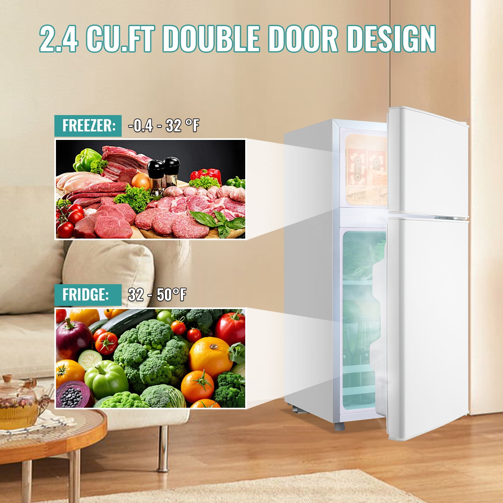 TACOOL Refrigerator with Top Freezer 2.4Cu.ft Two Door Small Mini Fridge for Person Use with Egg tray, White