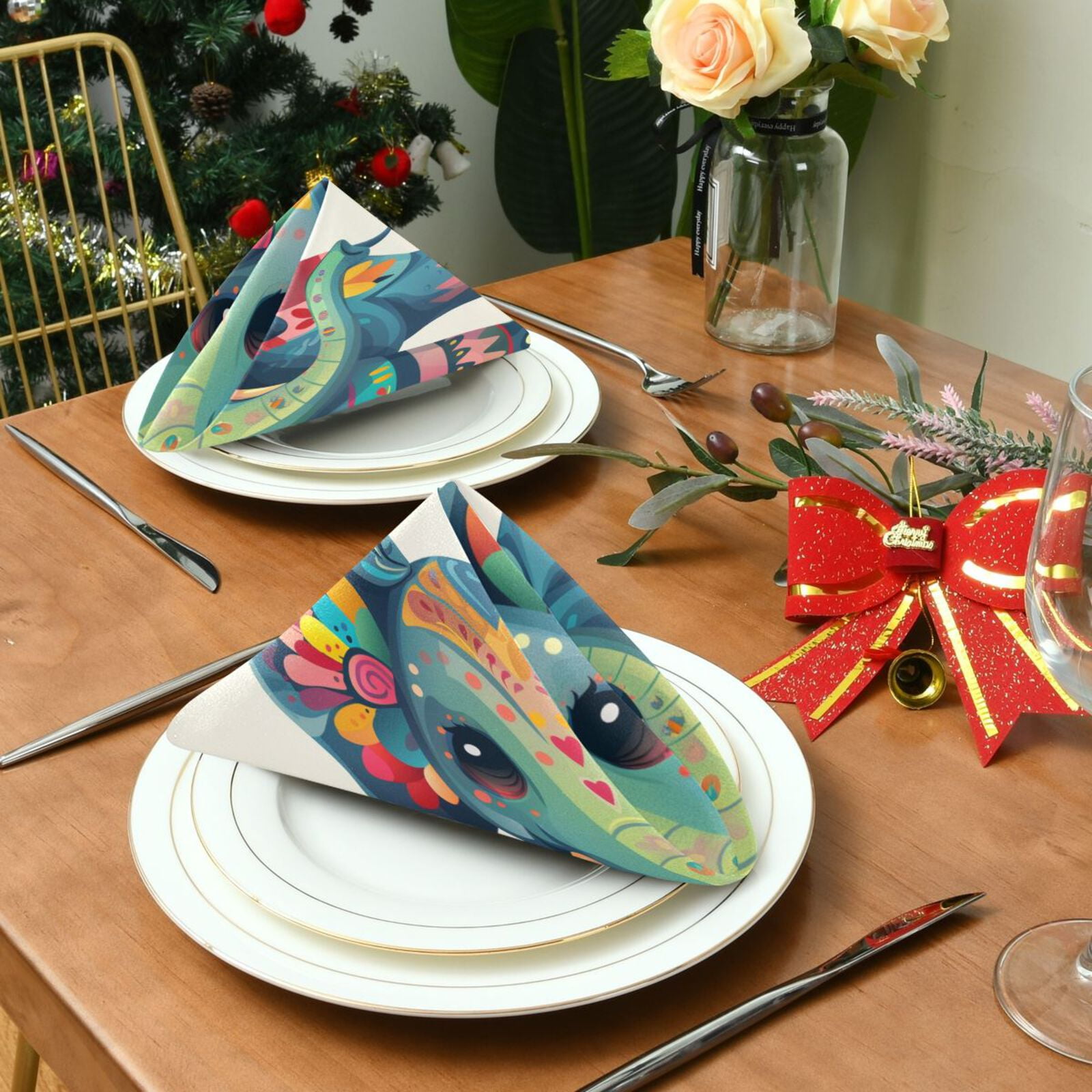JSTEL Cute Elephant Boho Cloth Napkins Set of 6, 20x20 Inch Washable and Reusable Napkin for Decoupage Dinner Party Everyday Use