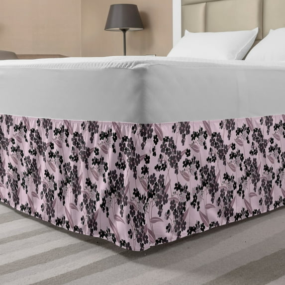 Botanical Bed Skirt, Abstract Forget Me Not Inflorescence Burgeoning Twigs Gentle Spring, Elastic Bedskirt Dust Ruffle Wrap Around for Bedding Decor, 4 Sizes, Baby Pink Taupe Black, by Ambesonne