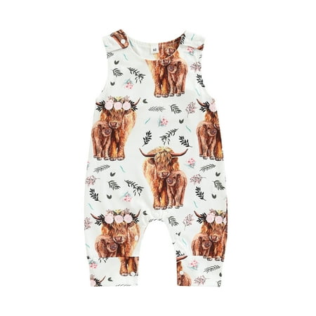 

Frobukio Toddler Baby Girls Jumpsuit Sleeveless Crew Neck Cow Flower Print Summer Romper Casual Bodysuit White 6-12 Months
