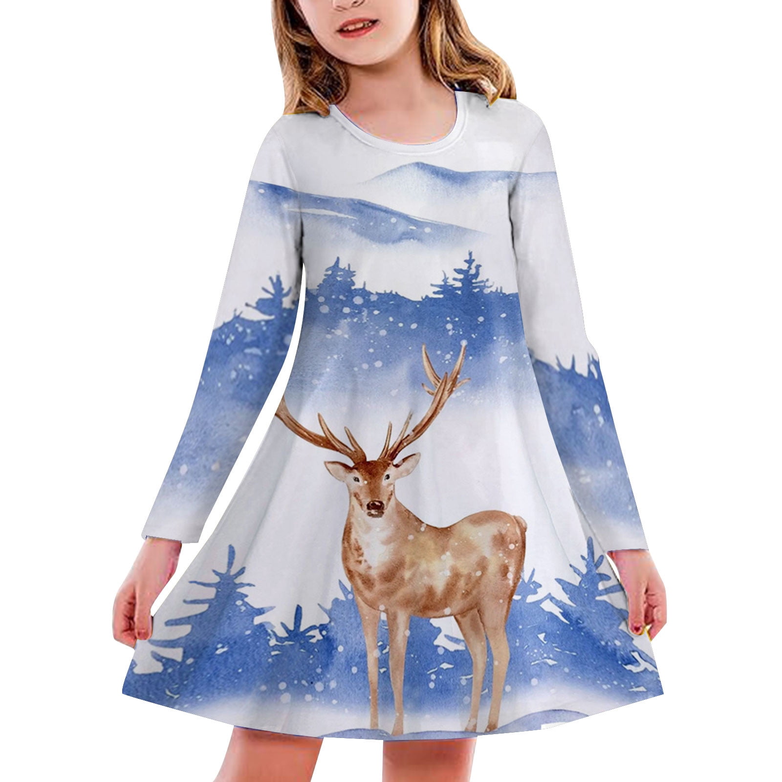 Robe De Noël Fille Enfants - Imprimé Sapins Et Cerfs Manches Longues - Pour Fête, Princesse, Ballet - 10
