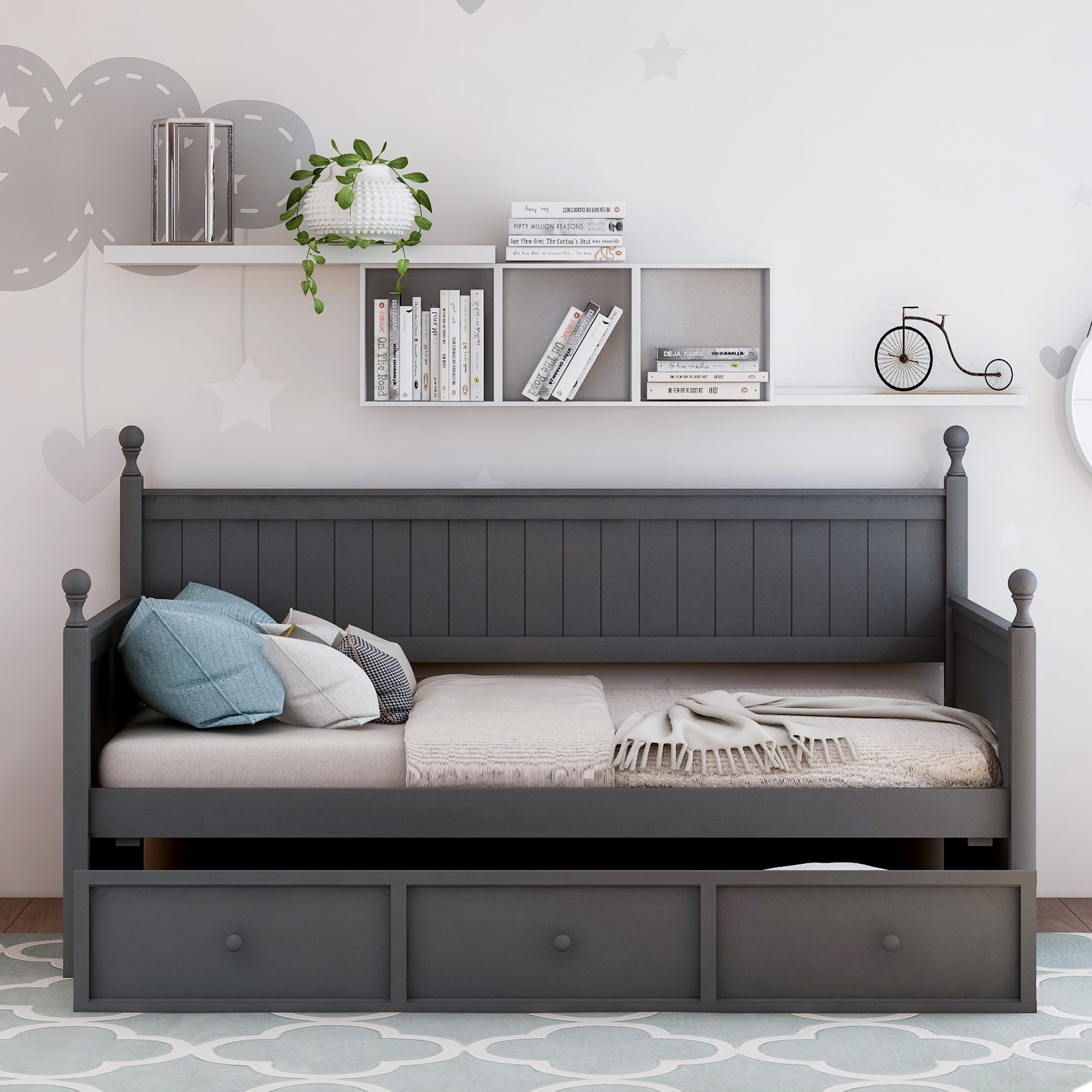 Kepooman Twin Size Modern Wooden Daybed with 3 Drawers for Bedroom Dorm, 80.5"L x 42.7"W x 45.4"H, Gray Kepooman Twin Size Modern Wooden Daybed with 3 Drawers for Bedroom Dorm, 80.5"L x 42.7"W x 45.4"H, Gray