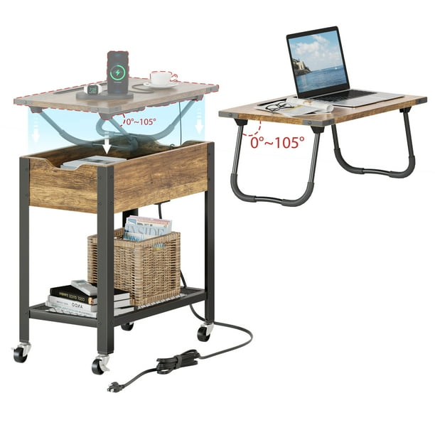 Bestier Flip Top End Table with Shelf,Movable Laptop Desk, Charging