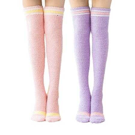 

CutiePlusU Fuzzy Stocks Over Knee Socks Pink Coral Fleece Socks Purple 2 pairs