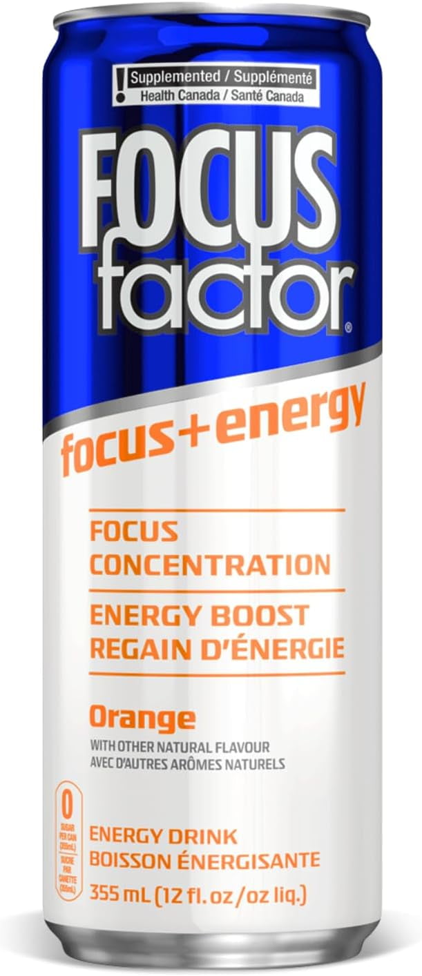 Focus Factor Energy Drink - 12 x 355ml Cans (Orange Flavor), Lightly Carbonated, Sugar Free
