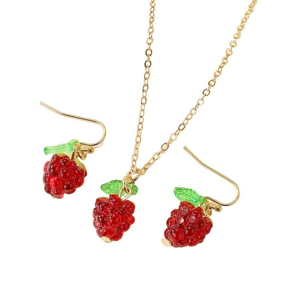 Necvior Raspberry Charm Necklace and Earrings Set Stylish Fruit Pendant Accessories Fashionable Jewelry for Women Daily Wear