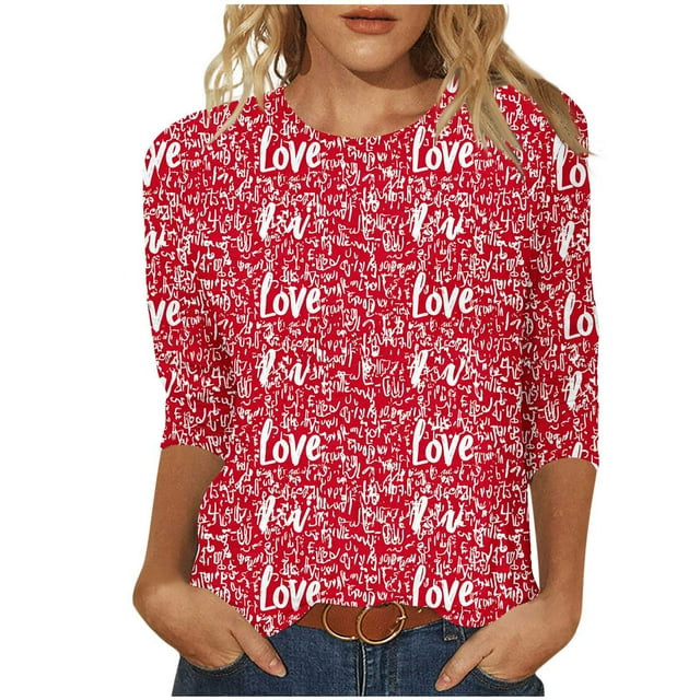 FMFYFH Hauts pour Femmes de la Saint-Valentin à Manches 3/4, Blouses à Col Rond Grande Taille, T-Shirts d'Été Habillés et Décontractés, Coupe Ample, Vêtements de Travail de Bureau