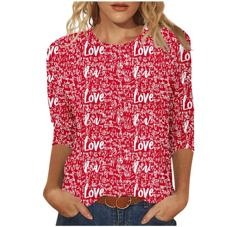 New Arrivals Ladies 3/4 Sleeve Round Neck Valentine Heart Print Shirt Tops Blouse My Items