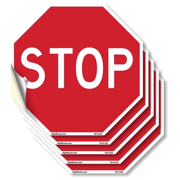 Stop (5 Pack) 4 inch X 4 inch Octagon Vinyl Label Decal Sticker Weather Resistant, UV Protected for Workplace, Private Property, and Construction Site, Made in the USA