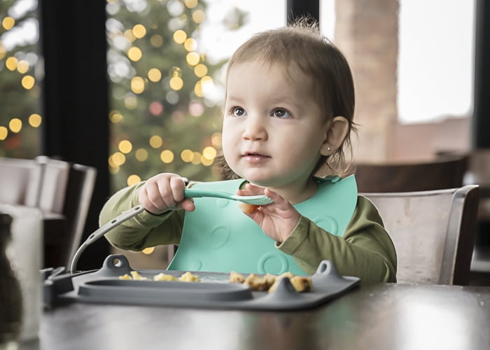 Busy Baby Silicone, BPA-Free Toddler and Baby Bib with Food Catcher and Utensil Straps, Spearmint