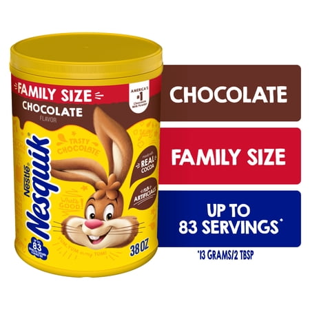 Nestle Nesquik Chocolate Flavor Powder Stir In Drink Mix Canister, 38 oz Canister, 83 Servings