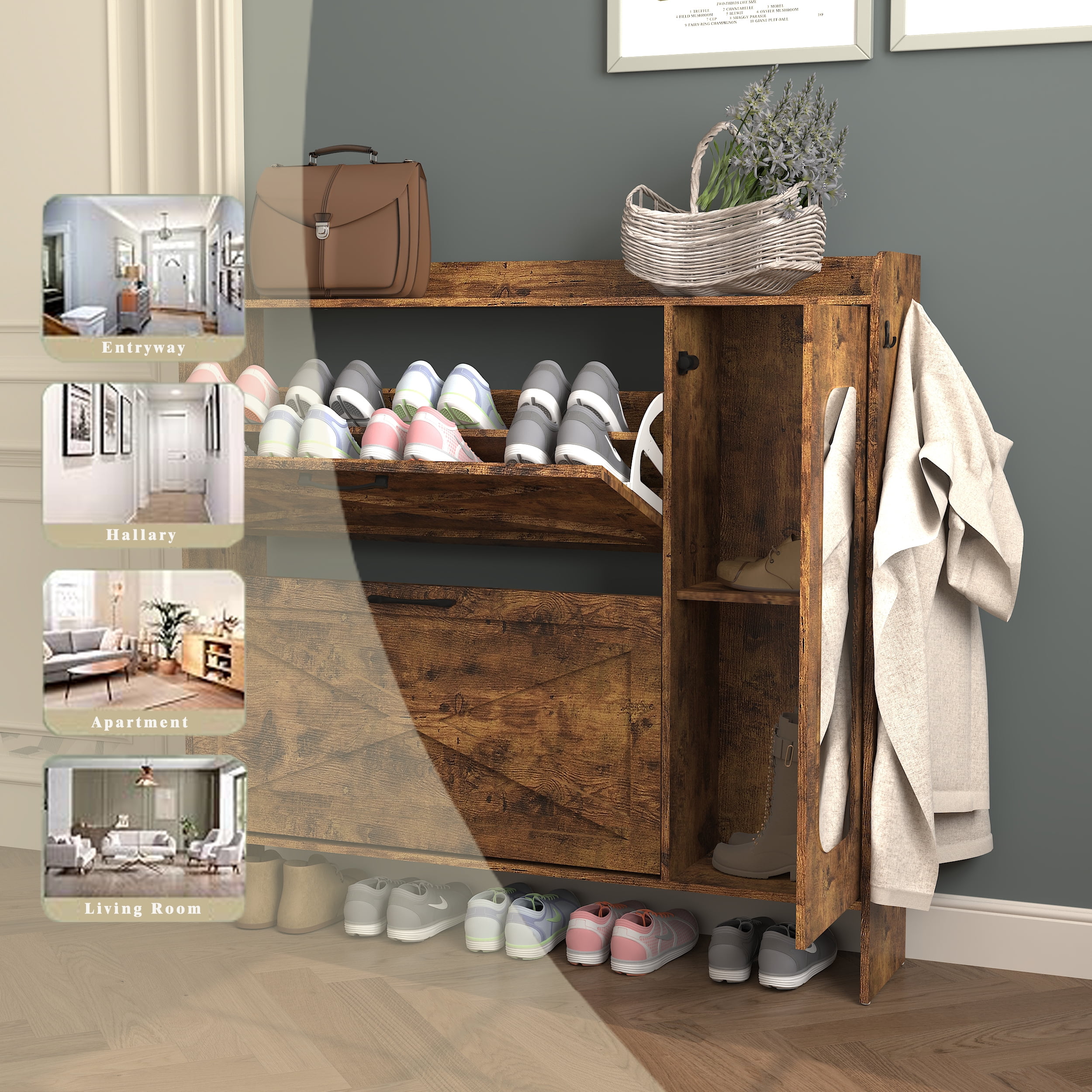 Mintazer Farmhouse Shoe Cabinet with Mirror & 2 Flip Drawers, 2-Tier Freestanding Shoe Organizer with Storage & Adjustable Dividers for Entryway, Brown