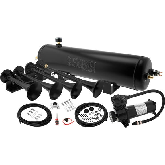 Vixen Horns Train Horn Kit for Trucks/Car/Semi. Complete Onboard System- 200psi Air Compressor, 3 Gallon Aluminum Tank, 4 Trumpets. Super Loud dB. Fits Vehicles like Pickup/Jeep/SUV VXO4830AB/4124XB
