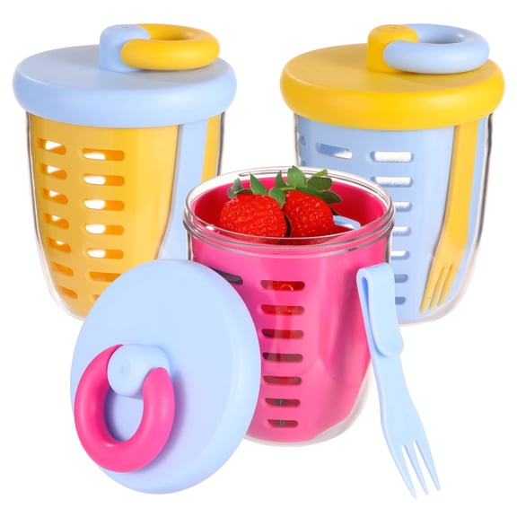 3 Pcs Fruit Storage Containers, Portable Salad Storage Cups with Lids & Forks, Double-Layer Fruit Drain Containers, Leakproof Airtight Food Cups for Fridge, Picnic, Easy Cleaning