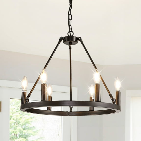 Magic Home 6-Light Wagon Wheel Chandelier,Modern Farmhouse Large Round Chandelier,Round Kitchen Island Light,Black frame   black lamp head